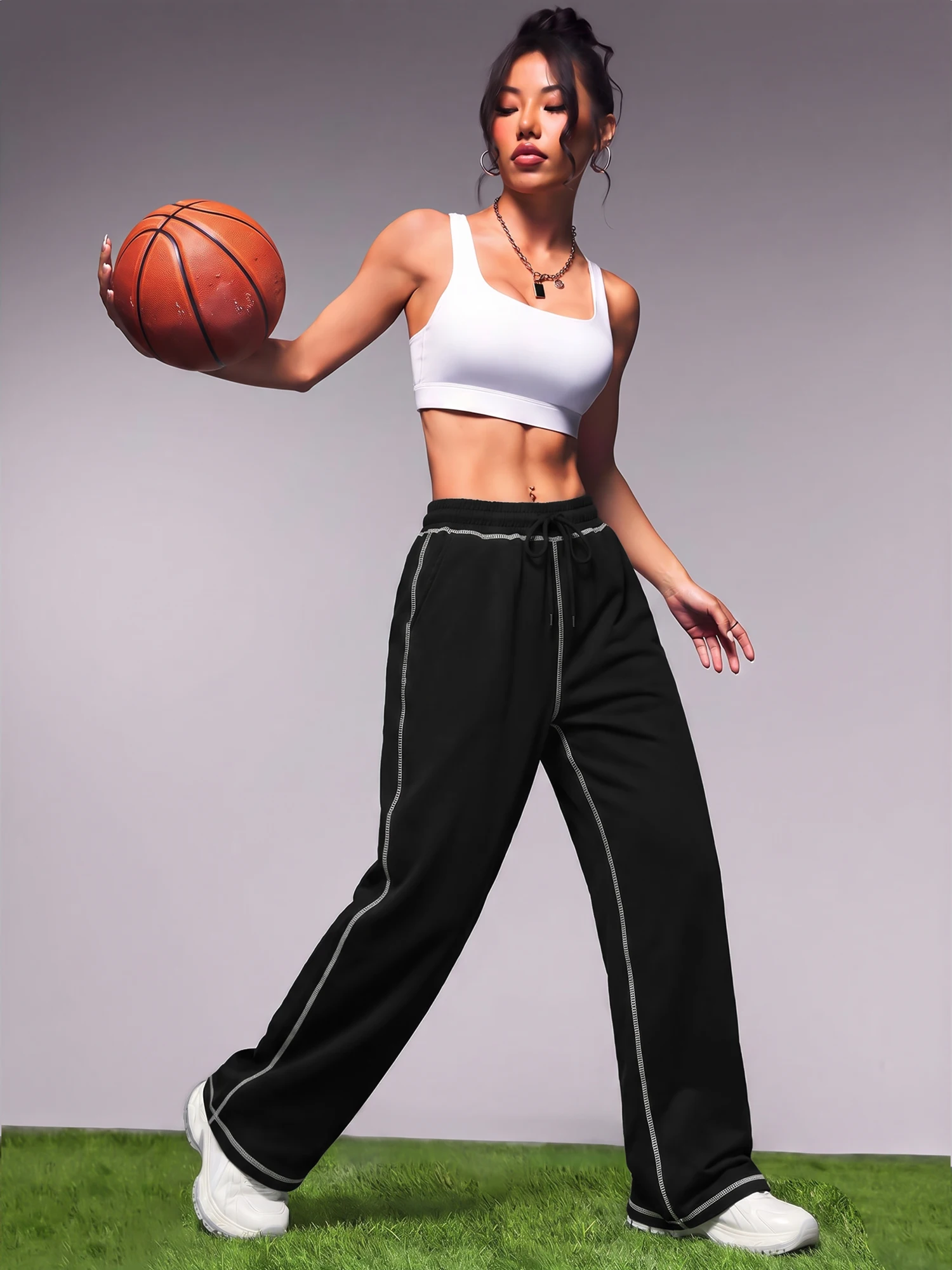Hip Hop Style Contrast Stitch Wide Leg Sweatpants Ladies Solid Color Drawstring Elastic Waist Jogger Pants