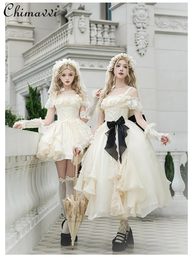 

Original Princess Style Waist Fishbone Ruffle Jsk Dress Women 2025 Summer New Fairy Sweet Girl Birthday Party Lolita Puffy Dress