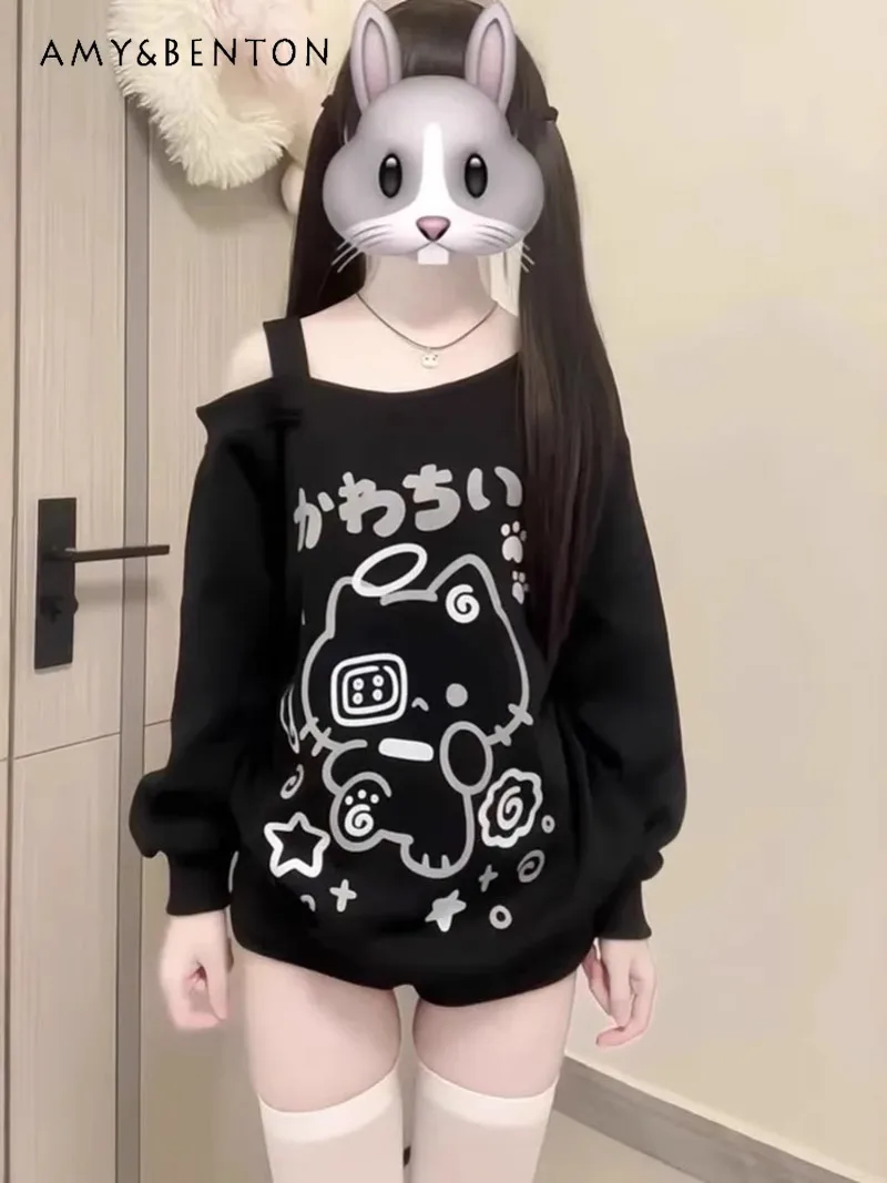 

Solid Color Subculture Cat Print Design Off-the-shoulder Loose T-shirt Long-sleeved Top Women