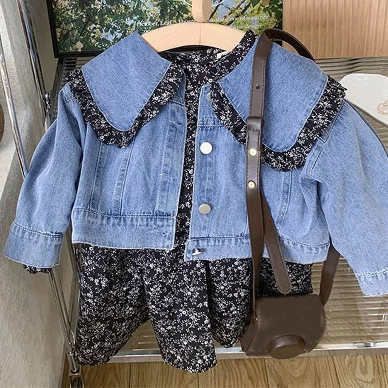 2022 Spring Autumn Girls\' Clothing Sets New Girls Cute Lapel Denim Top +Floral Dress Two-Piece Set Children Girls Clothes Suit