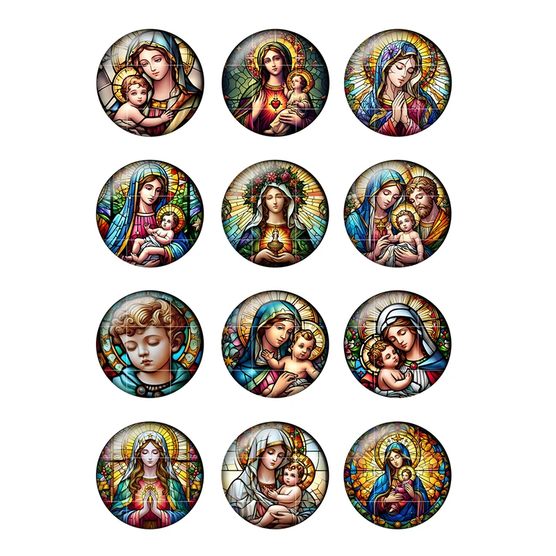 24pcs/lot Round Glass Cabochon Angel Baby Virgin Mary Pattern 8mm To 25mm Glass Dome Demo Flat Back Making Jewelry Findings H145