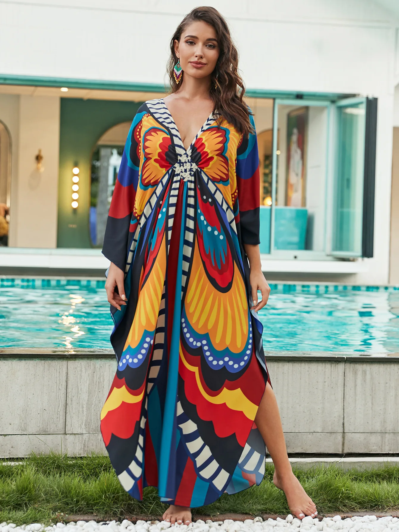 Plus rozmiar sukienki Kaftan dla kobiet drukuj bikini na plażę strój kąpielowy kaftan mumu sukienka Batwing rękaw Cover Up