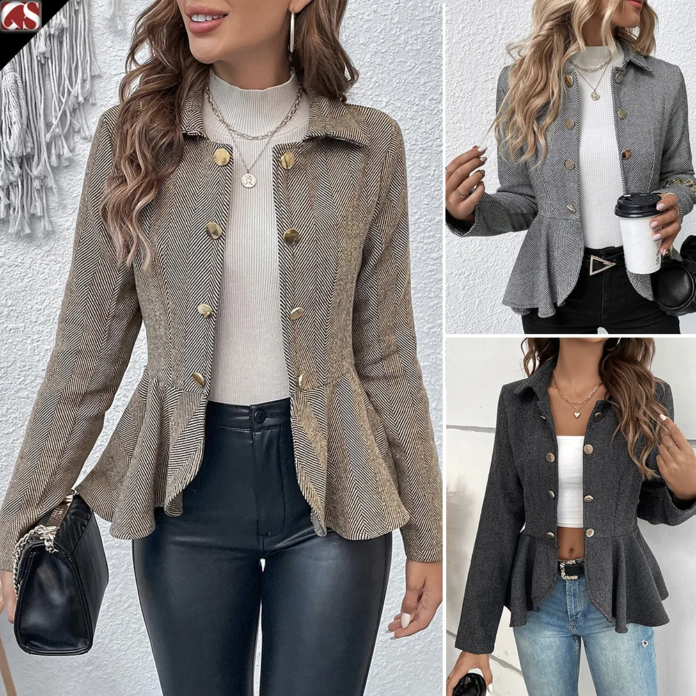 Autumn 2023 Women\'s Fashion Commuter Polo Collar Jacquard Ruffle Edge Slim Fit Double Breasted Temperament Office Suit Coat