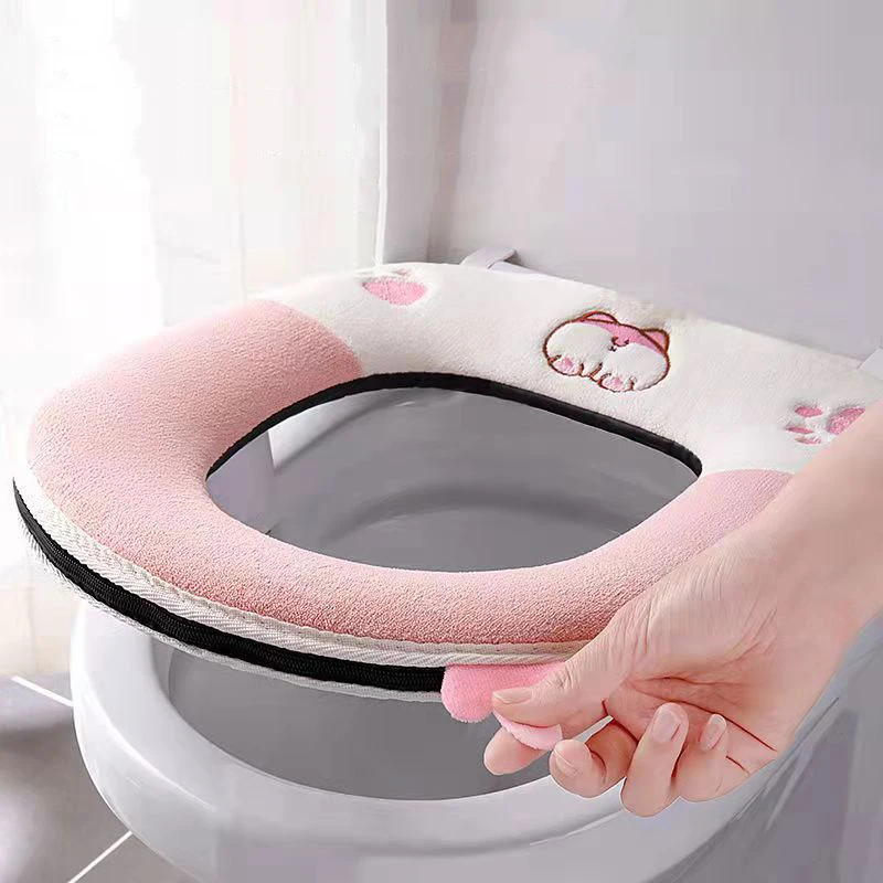 Cute Cartoon Winter Warm Toilet Seat Cover With Handle Washable Toilet Cushion Thicken Plush Toilet Seat Mat Bathroom Aceesories