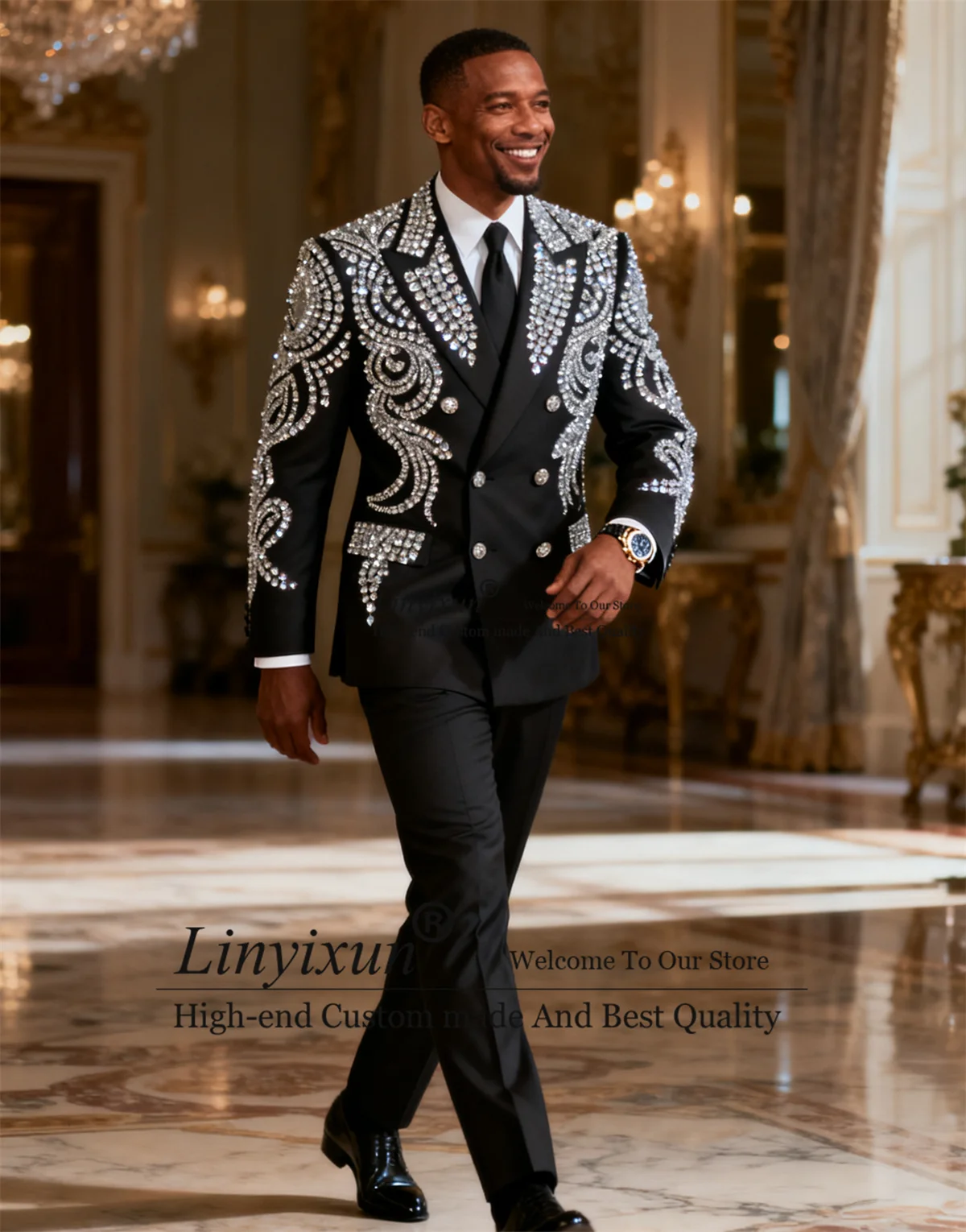 

Роскошные мужские костюмы со стразами и бусинами по индивидуальному заказу, облегающие свадебные смокинги с двойной грудью, Ropa hombre, комплекты из 2 предметов, мужские пиджаки для жениха