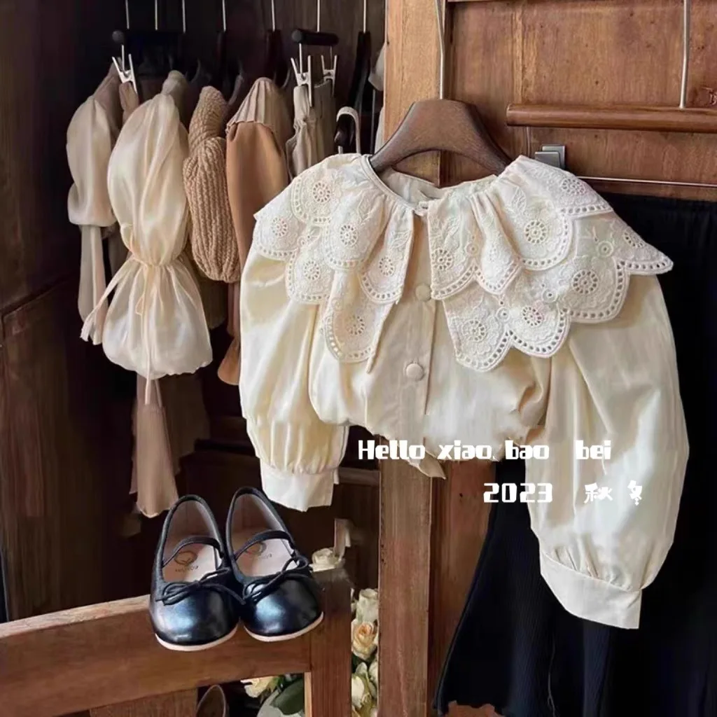 Korean Version Girls' Shirt Autumn New Style Western, Sweet and Fashionable Baby Girl Doll Collar Embroidered Lapel Top
