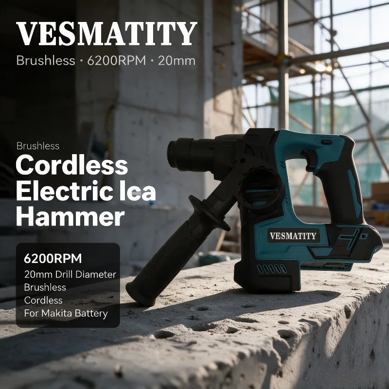 Cordless Brushless Electric Hammer 20mm Drill Diameter 6200 RPM Wireless Drills Power Tool For Makita Battery