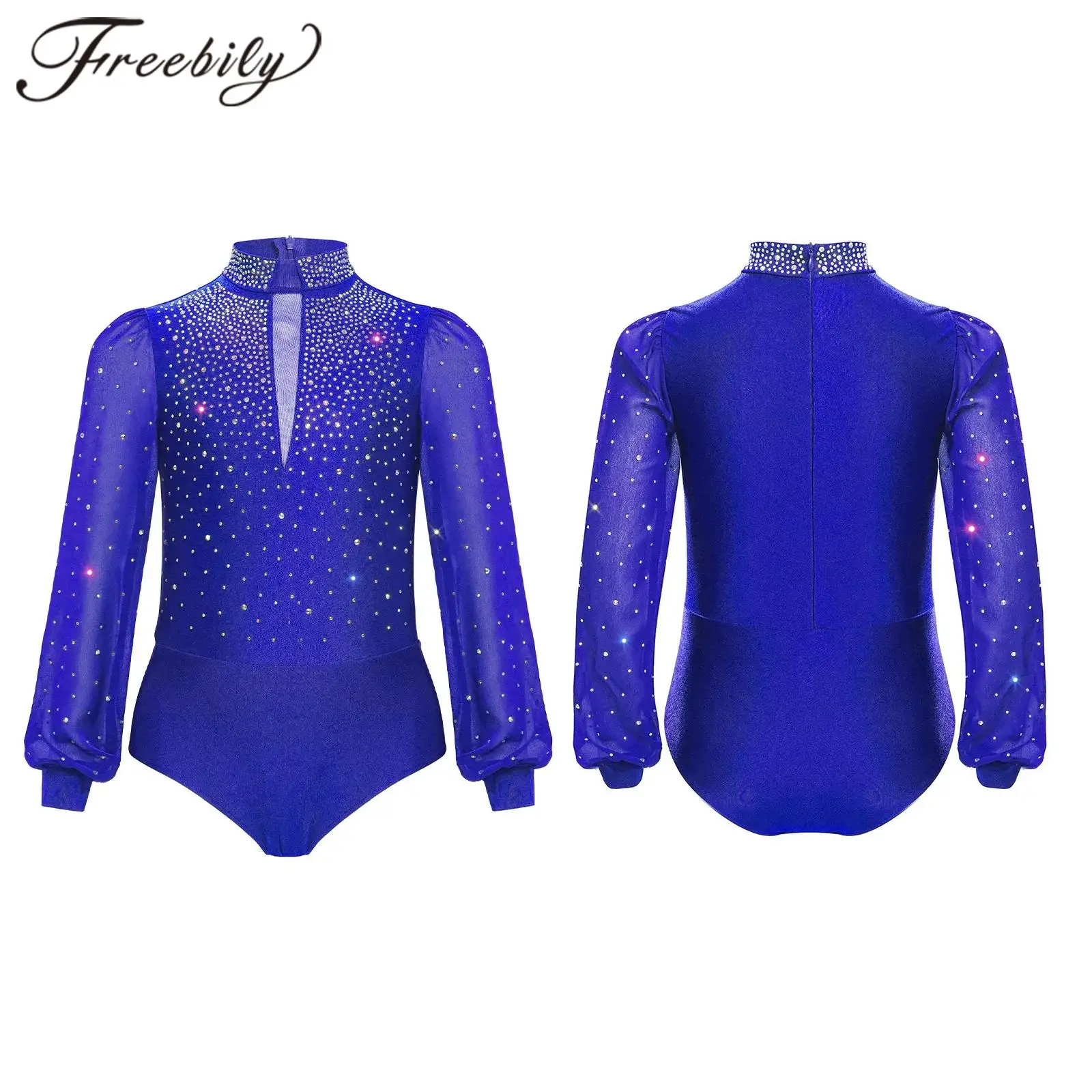 

Zipper Leotard Kids Gymnastics Bodysuit for Boys Long Sleeve Rhinestones Latin Dance Bodysuit Figure Skating Dance Leotards