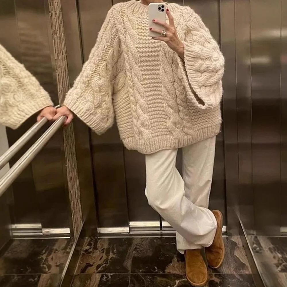 

Retro Knitted Sweater round Ne Bell Sve Casual Comfortable Autumn Winter Women's Faion Commute Loose Fit Polyester Blend