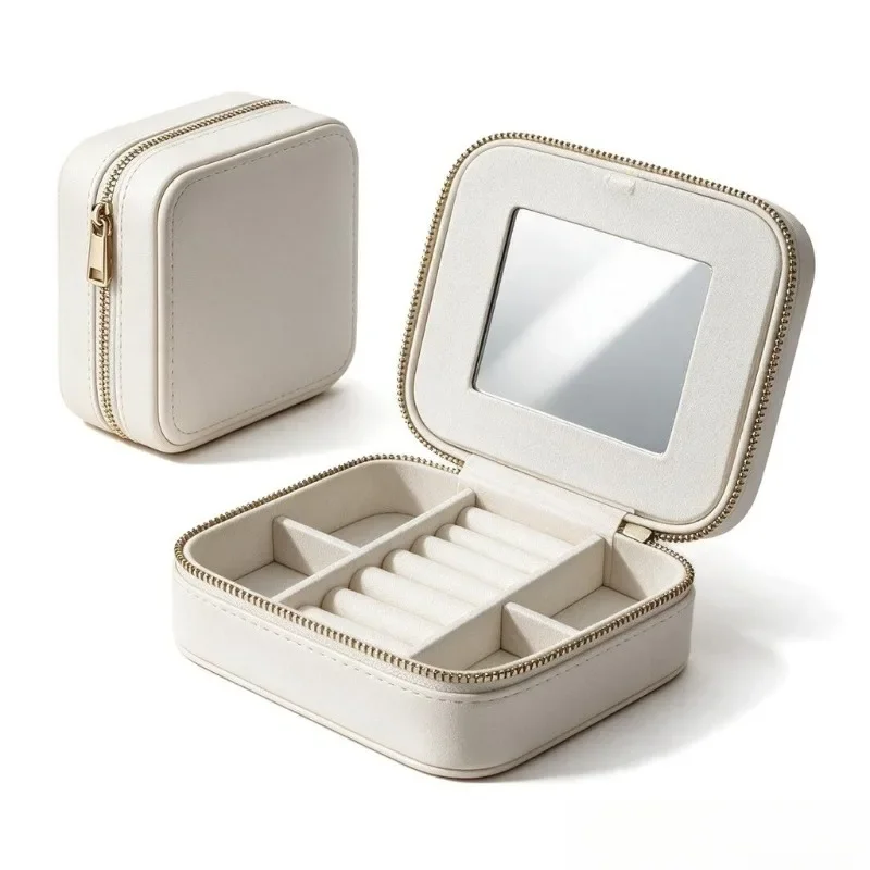 Portable Jewelry Box Necklace Ring Earrings Organizer Holder Case with Mirror and Divider Zipper Square Storage Case for Travel