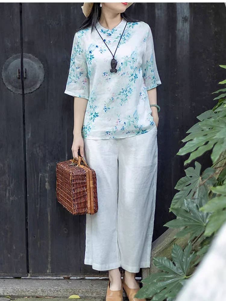 

New 2026 Chinese Style Cotton Linen Shirt Top Wide Leg Pants Two Piece Set Women Summer Fashion Casual Breathable Lightweight