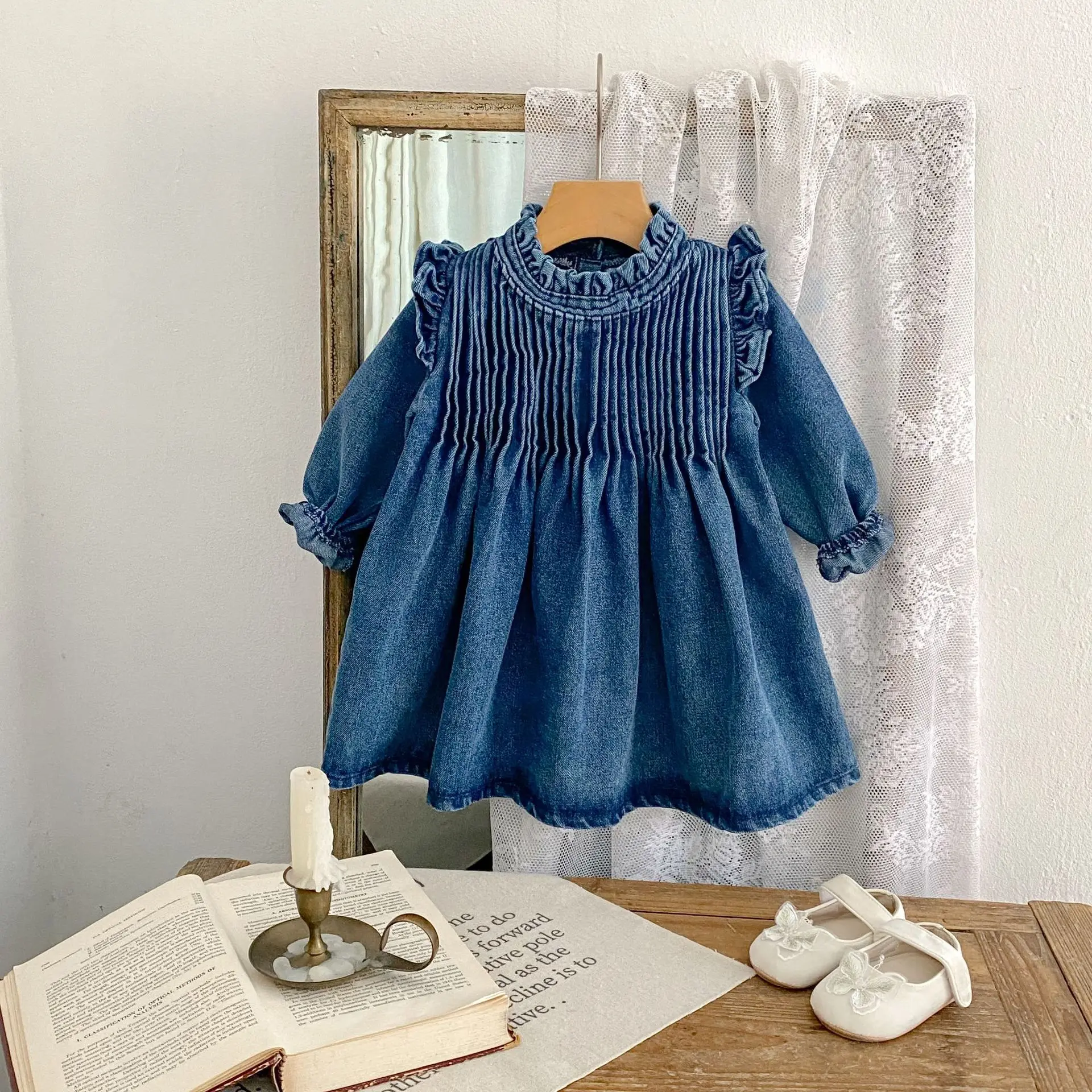 Girls' Denim Skirt Autumn 2026 Baby Girls' Triangle Crawling Clothes Long Sleeve Lace Denim Clothes Sisters