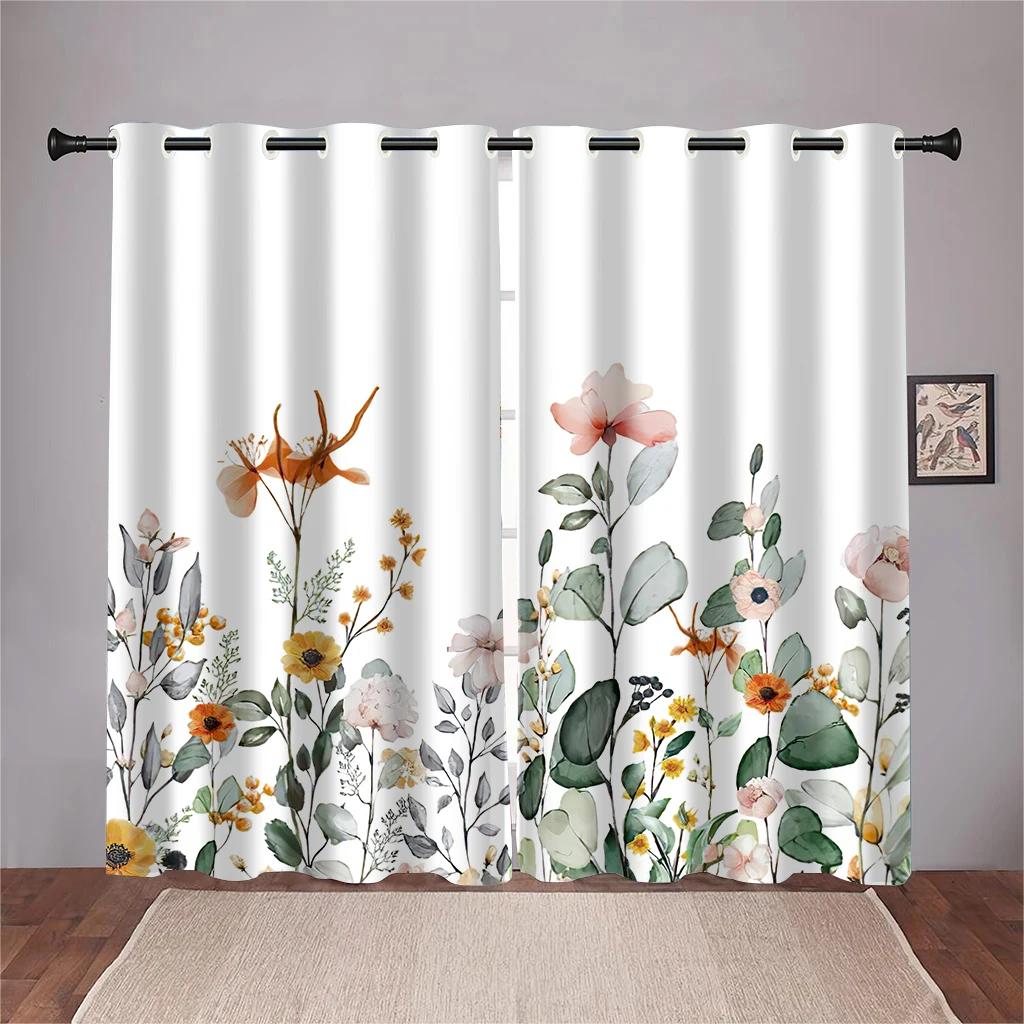 

Modern Simple Art Style Flower Green Leaf Curtains 2 Panel Minimalist Home Living Room Bedroom Den Kitchen Salon Decor Curtains