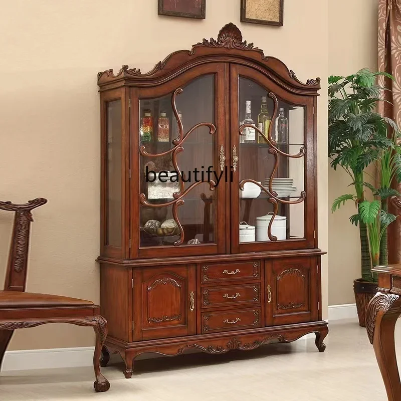 

American Retro Distressed Four-Door Wine Cabinet European Glass Wall Curio Cabinet Household Restaurant Display Cabinet