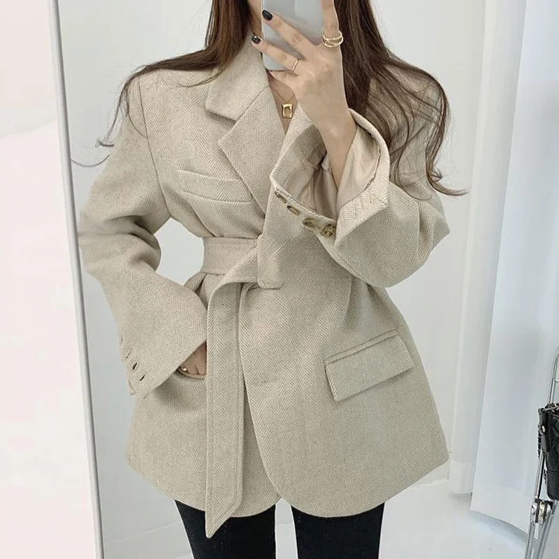 Retro Chic Autumn Winter Tweed Suit Jacket Women's Belted Slim Fit Notch Collar Short Coat Korean Style Long Sleeve Regular L...