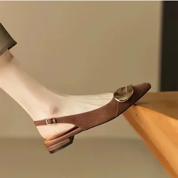 Low Sandals Woman Leather Low-heeled Rome Fabric Rubber Slides Hoof Heels PU Retro Metal Buckle Flat Shoes Zapatos De Mujer
