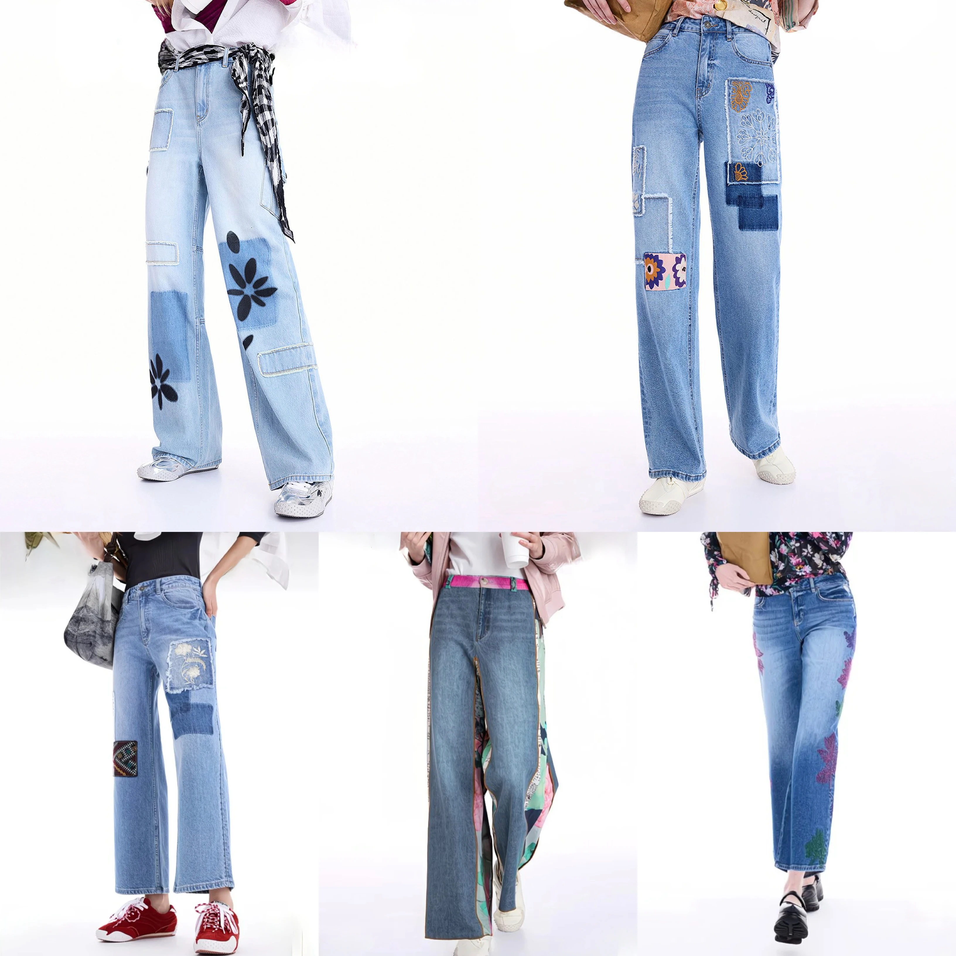 European, American, and Spanish women's jeans with contrasting colors, patchwork, heavy-duty embroidery, and cropped pants