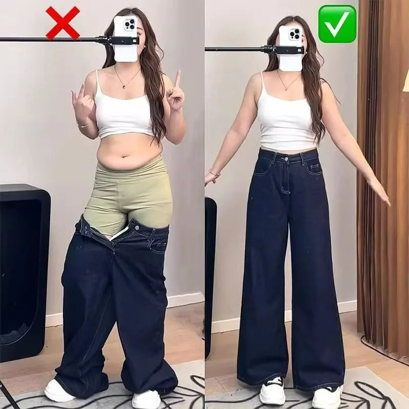 Women High Waist Wide Leg Denim Pants New Casual Loose Trousers Spring Summer Solid Straight Loose Fit Pocket Jeans High Street
