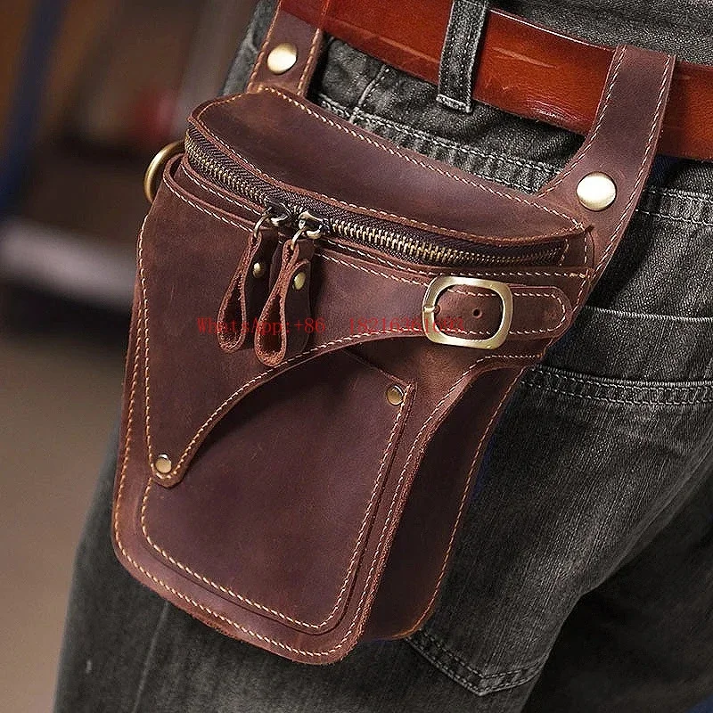 2026GOOD Men's Leather Vintage Waist Bag Rider Leg Bag Motorcycle Cowhide Mobile Phone Bag