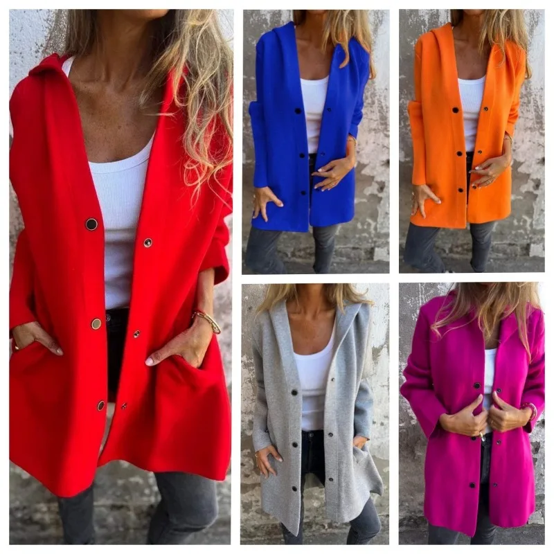 

Новинка 2025, осенне-зимняя женская куртка с капюшоном, однобортная модная куртка с карманами, свободные универсальные уличные женские длинные пальто