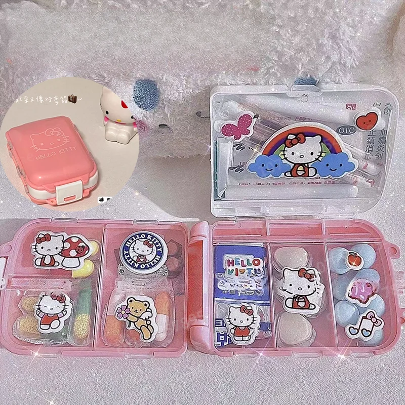 

Anime Sanrio Hellos Kittys Medicine Boxes Three-tier Classification Girls Travel Portable Mini Carry-on Jewelry Storage Box Gift