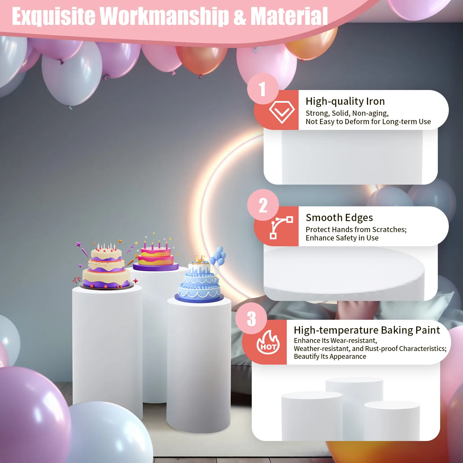 흰색 3피스 원통형 디스플레이 스탠드 고품질 철 소재, 결혼식 및 연회용 고온 베이킹 페인트