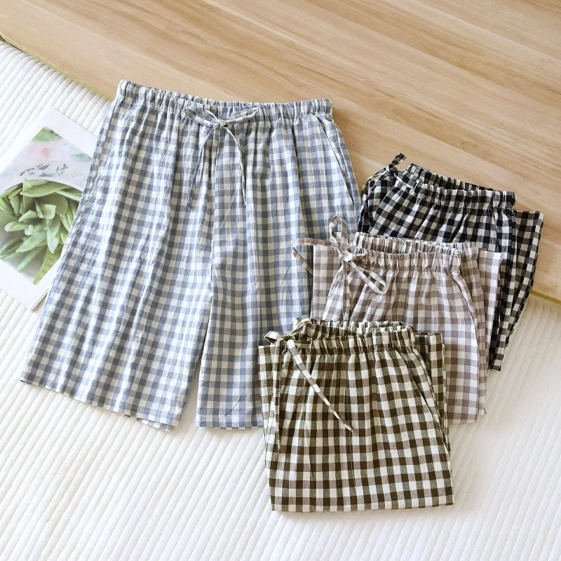 

2026 New Summer Men's Shorts 100% Pure Cotton Fabric Simple Small Check Casual Plus Size Breathable Home Pants Lightweight
