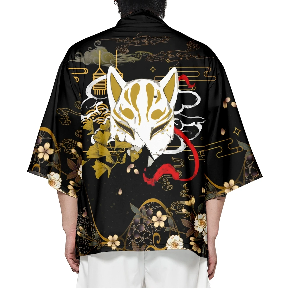 

Japanese Streetwear Cardigan Yukata Robe Fox Mask Print Traditional Cosplay Samurai Kimono Women Men Haori Asian Clothing