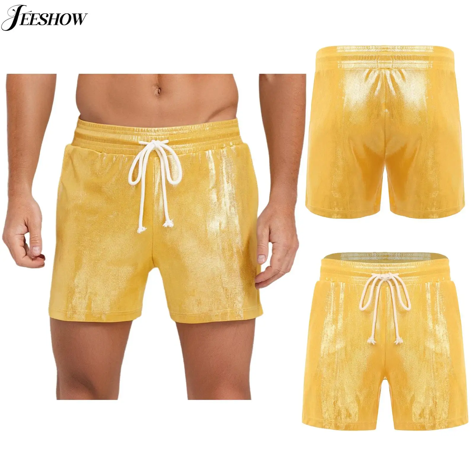 

Mens Shiny Metallic Loose Shorts Elastic Waistband with Drawstring Side Pockets Board Shorts Rave Dance Festival Outfits Bottoms