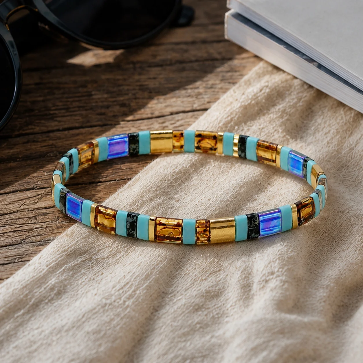 1pc Glass Beaded Strand Bracelet with Geometric Turquoise Amber and Iridescent Square Beads Trendy Unisex Style