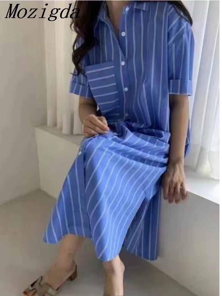 

Summer Vintage Striped Women Shirt Dress New Short Sleeve Korean Straight Long Ladies Dresses Pocket Female Vestidos
