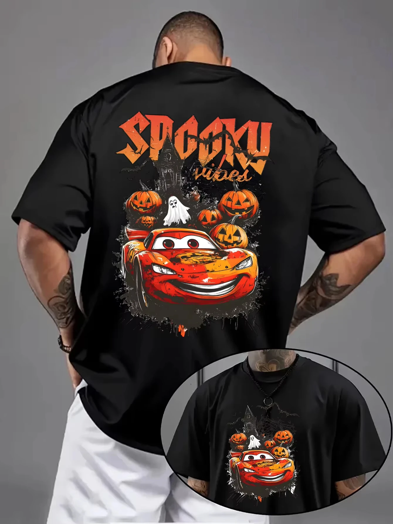 

Disney Pumpkin Cars Lightning McQueen Men's T-Shirt Daily Leisureand Theme Activities Wear Unisex Cotton Short Sleeve Oversized