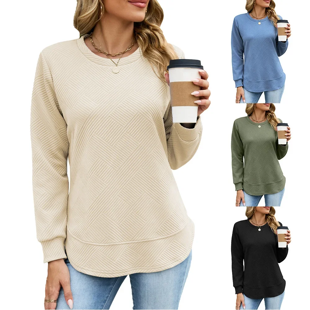Women T Shirt Women's Quilted Textured Sweatshirt Casual Crew Neck Long Sleeve Pullover Loose Fit Curved Hem Fall Tunic Top