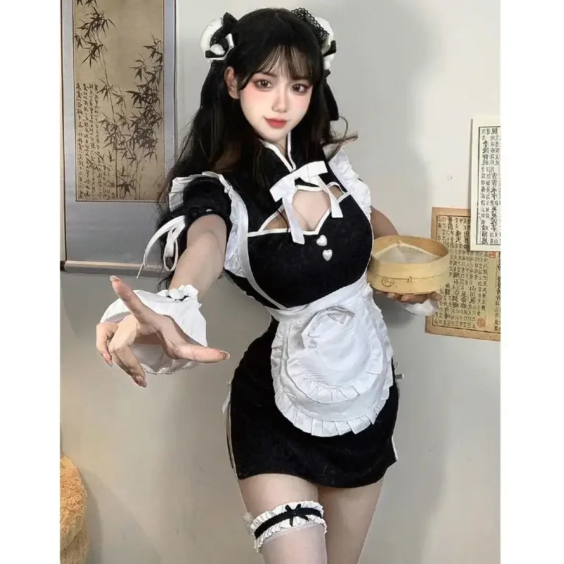 Anime Meisjes Schattige Chinese Meid Qipao Cosplay Kostuum Lolita Hight Slit Cheongsam Jurk Uitgehold Nachthemd Pyjama Dropship