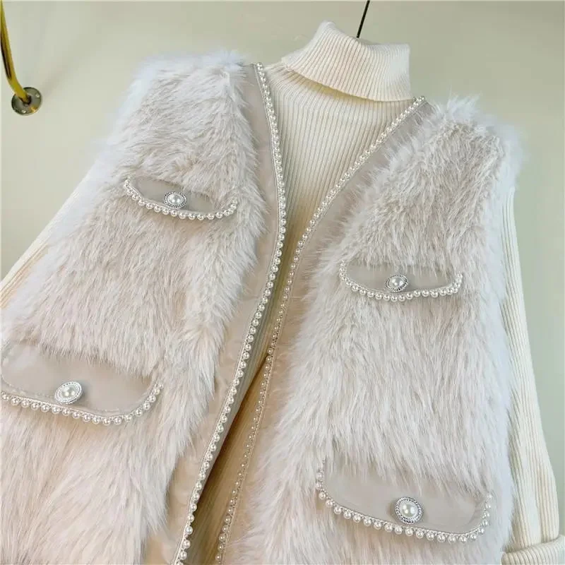 Vest Women 203 Autumn/Winter New Fox Hair Nail Beads Loose Fur Jacket Quilted Fragrant Plush Vest Coat Female Fur Coat Beading