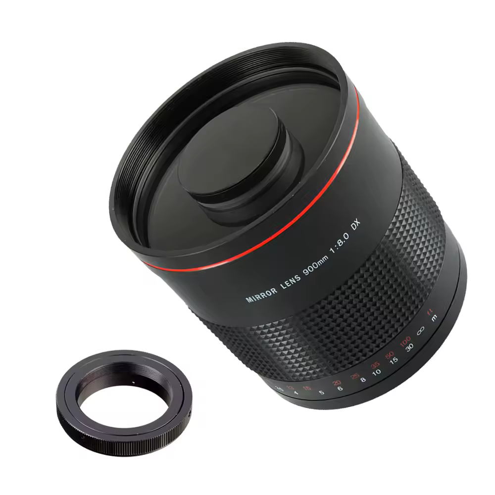 עדשת טלפוטו 900mm F8.0 MF Super Mirror + טבעת מתאם T2 למצלמות קנון, ניקון, פנטקס, סוני, אולימפוס, M43, פוג'י DSLR