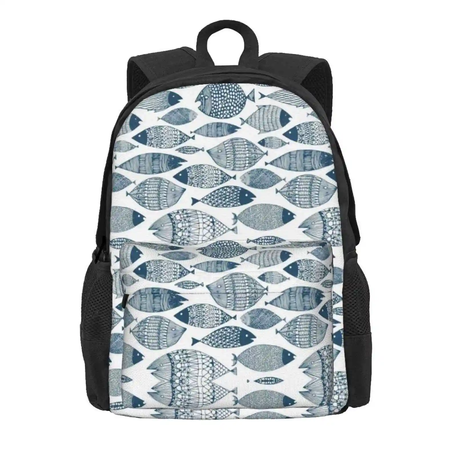 Blue Fish White Hot Sale Schoolbag Backpack Fashion Bags Fish Design Blue White Ocean Life Sea Life Sea Creature Ocean Theme