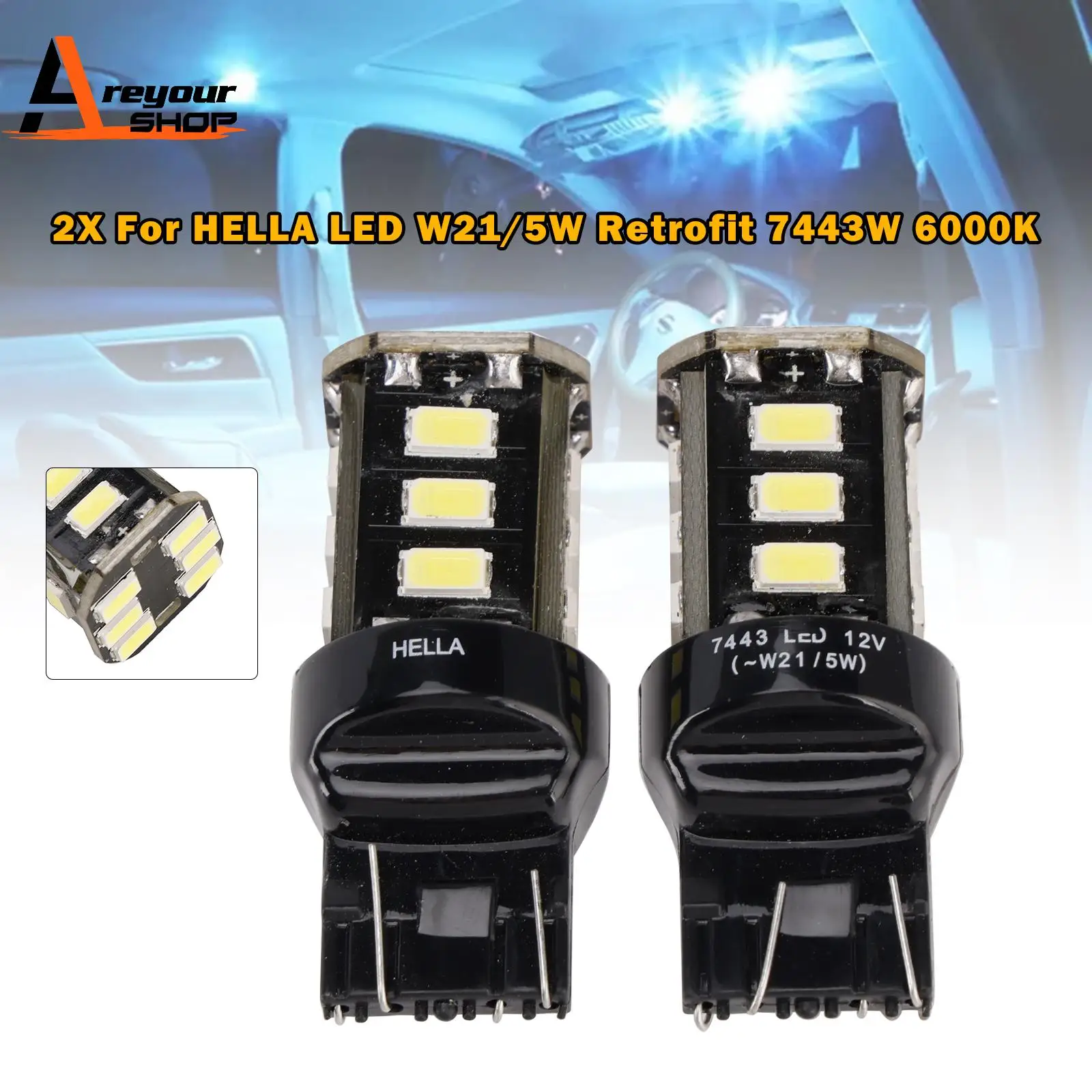 

Areyourshop 2X для HELLA LED Retrofit 7443W Wedge T5 12 В 3 Вт W21/5 Вт 6000 К