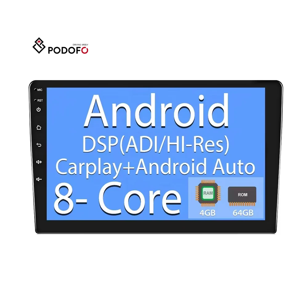Podofo 8-ядерный Android 4 + 64 ГБ 10,1-дюймовый автомобильный радиоприемник стерео авторадио GPS 4G Wi-Fi AI Voice Carplay Android Auto DSP Hi-Res RDS OBD2 DAB+