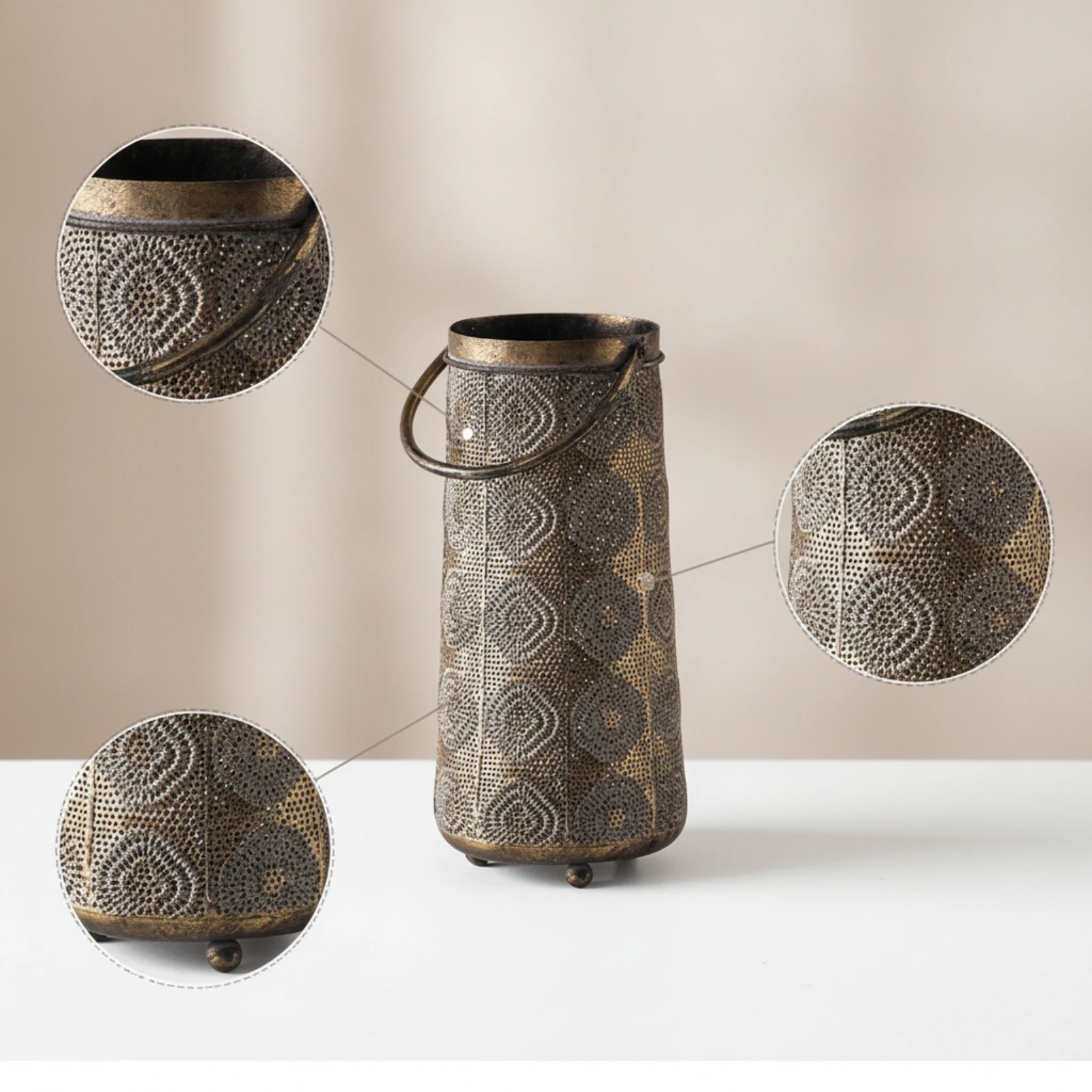 Metal Lantern with Handle Cylindrical Candle Lantern Decor Rustic Moroccan for Table, Shelf