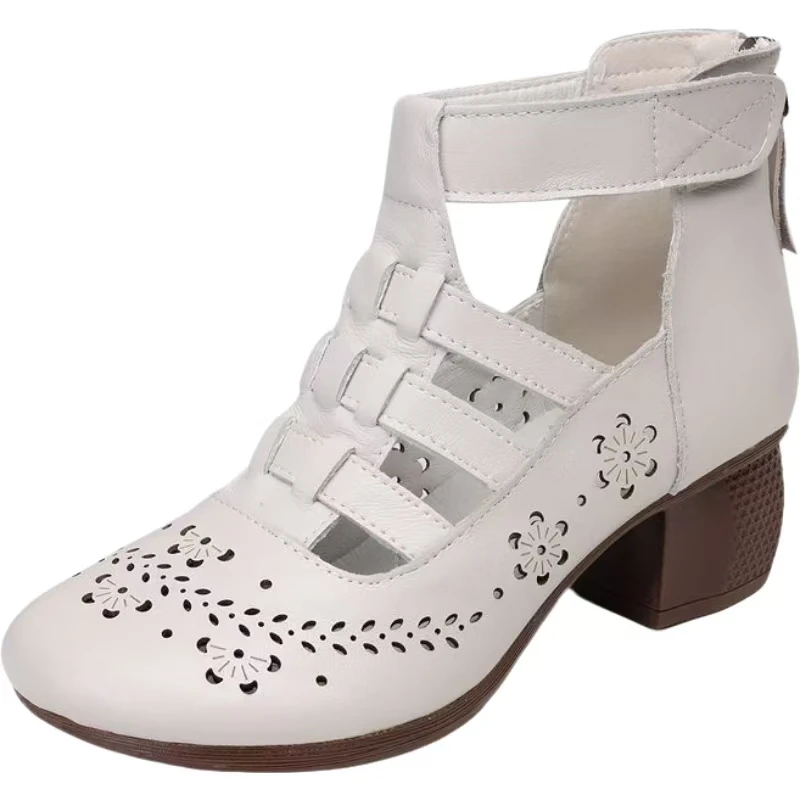 

Женские ботильоны из натуральной кожи на массивном каблуке, весна-лето, новые, с круглым носком, с вырезами, дышащие, высокие, на молнии, стильные ботинки