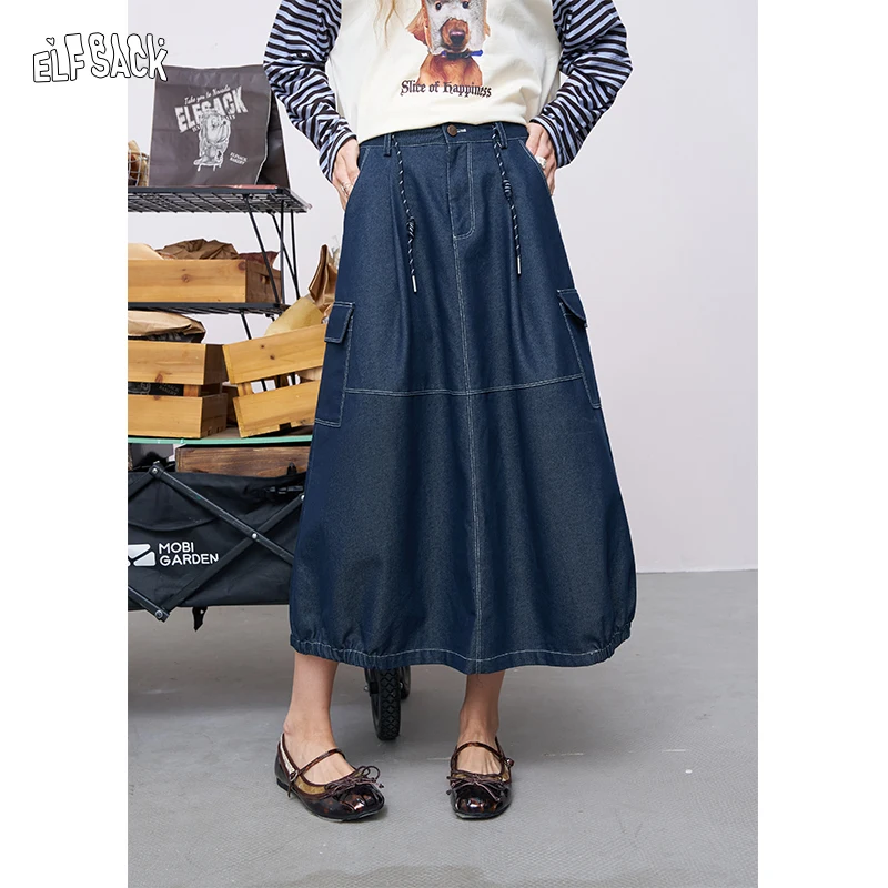 

ELFSACK 2025 Autumn New Arrival Vintage High-Waist Denim Skirt Slimming Midi Office Dress For Woman