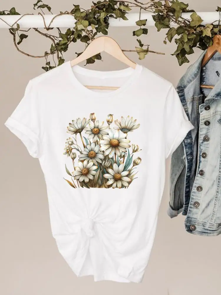 Clothing Tee For Women Clothes O-neck Fashion Lovely Flower Trend Cute Short Sleeve Print T Shirt Top Basic Graphic T-shirts