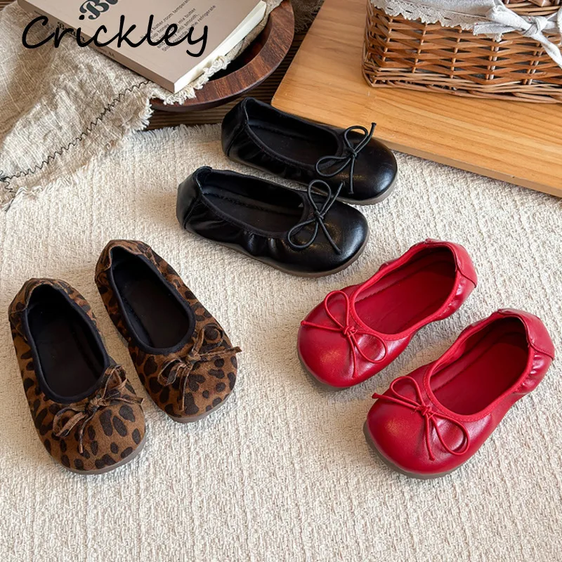 Bow Leopard Kids Ballet Flats Solid PU Leather Children Flats Shoes Slip On Soft Bottom Kids Princess Shoes