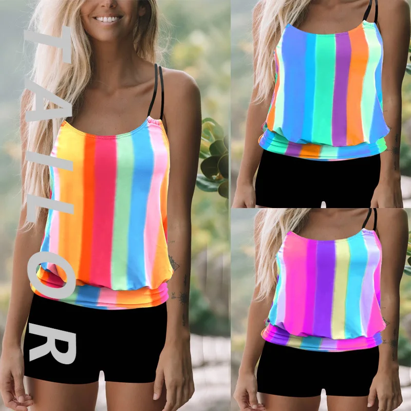 

2025 new swimsuit women's sexy rainbow strip split plus size bikini swimsuit