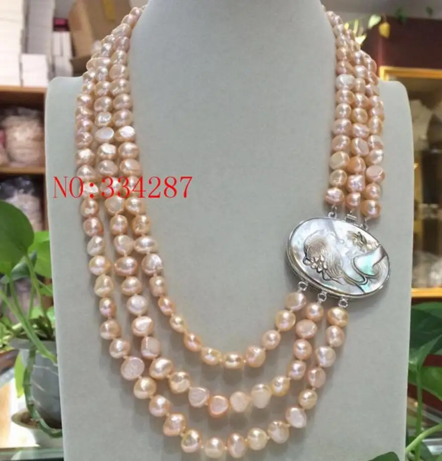 New Baroque 19inch; 3row 8-9mm Pink grey white multicolor color pearls necklace seashell clasp