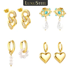 LUXUSTEEL Imitaiton Pearl Womenâs Stainless Steel Hoop Earring Cubic Zirconia Stud Earrings Heart Drop Earrings Jewelry Gift