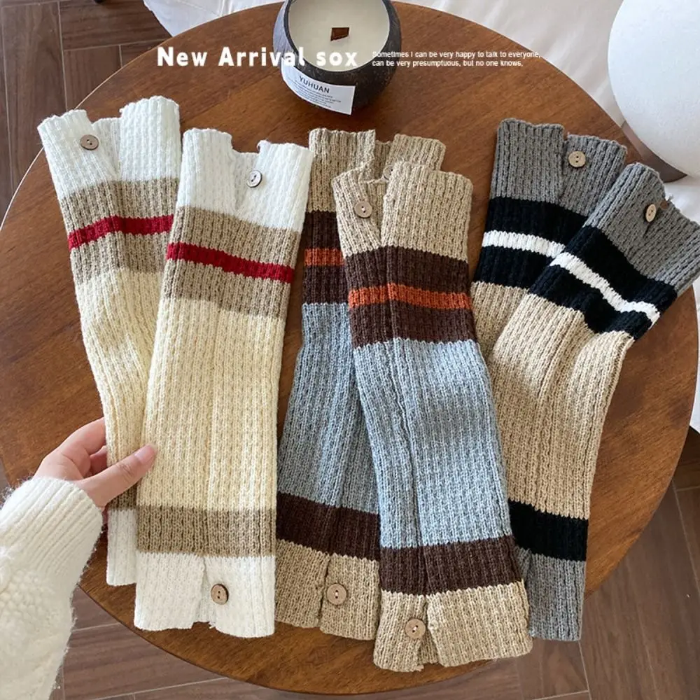 1 pair New Kawaii Retro Leg Warmers Winter Y2K Knee Calf Long Socks Contrast Color Button Opening Pile Knitted Wool Long Socks