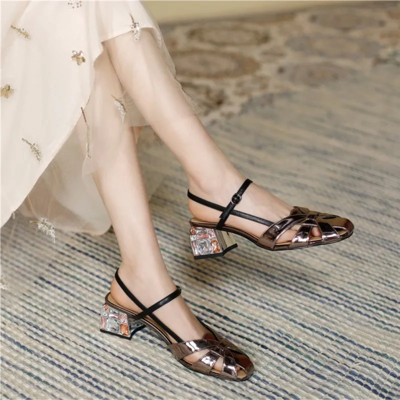 Dilalula Women Sandals Summer Party Casual Fashion Party Pumps Rhinestone Thick Heels Weave Genuine Leather Summer Shoes Woman