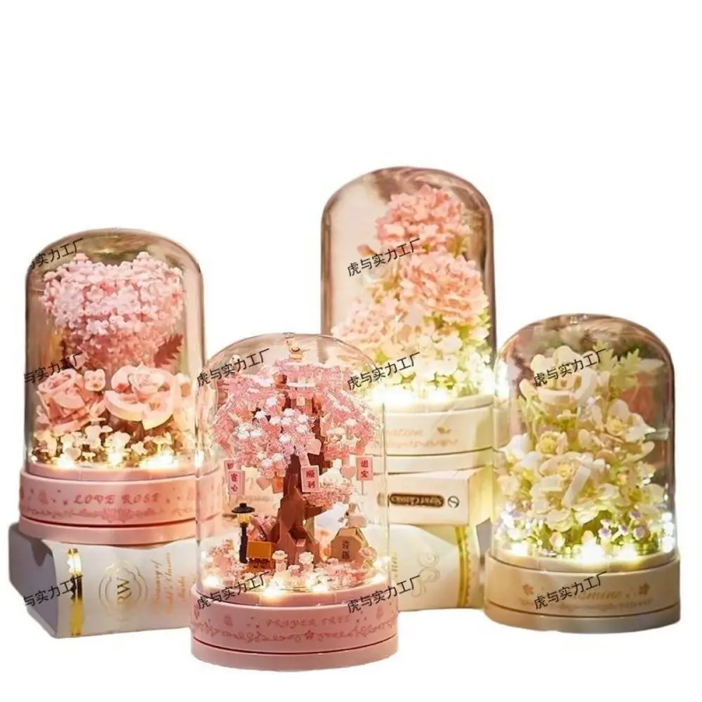 Bloques de Construcción de Árbol de Sakura con Luz Ambiental, Diseño Exquisito, Microbloques de Construcción, Bloques de Ensamblaje de Flores, Decoración de Plantas en Maceta